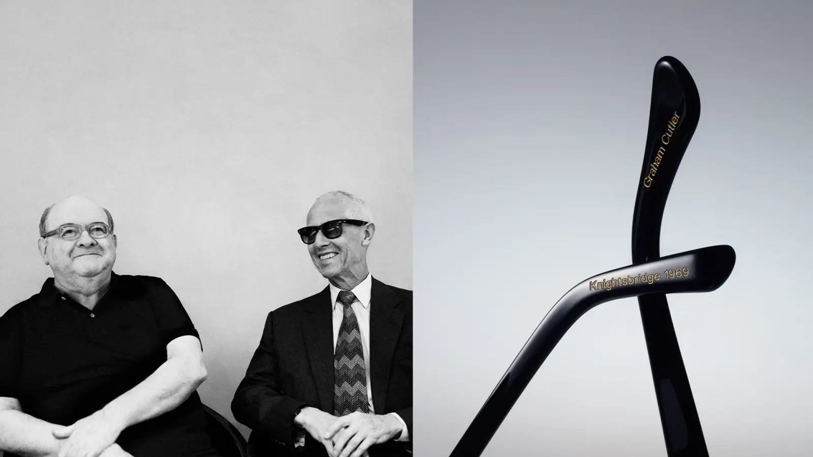 Graham Cutler et Tony Gross en noir et blanc, à côté de branches de lunettes gravées Knightsbridge Green